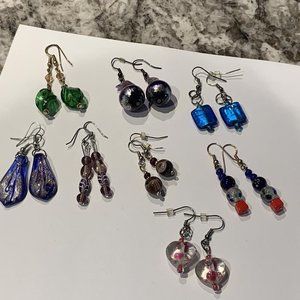 Lot Of 8 Variety Of Colorful Dangle Costume Earrings Pierced Some Glass / Bead